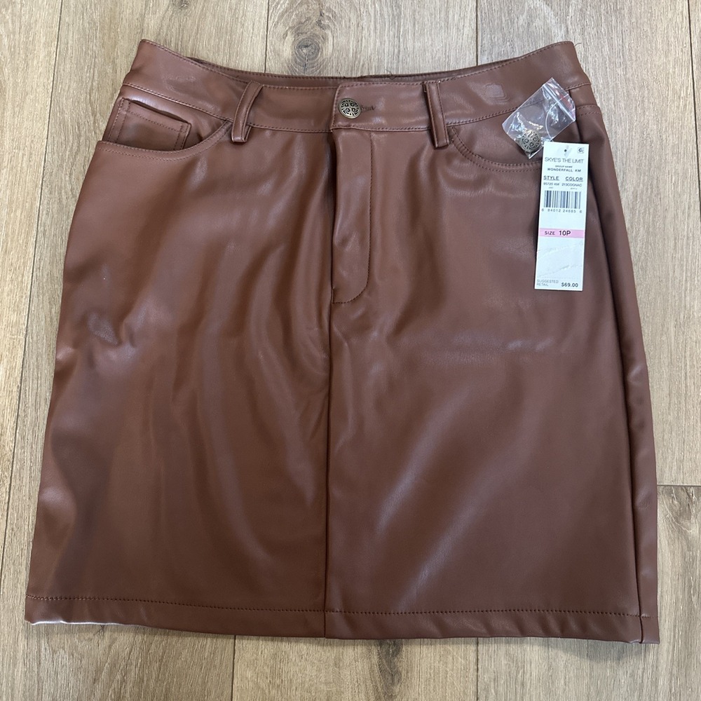Skye's The Limit Cognac Faux Leather Mini Skirt Petite 10P Wonderfall KM NEW